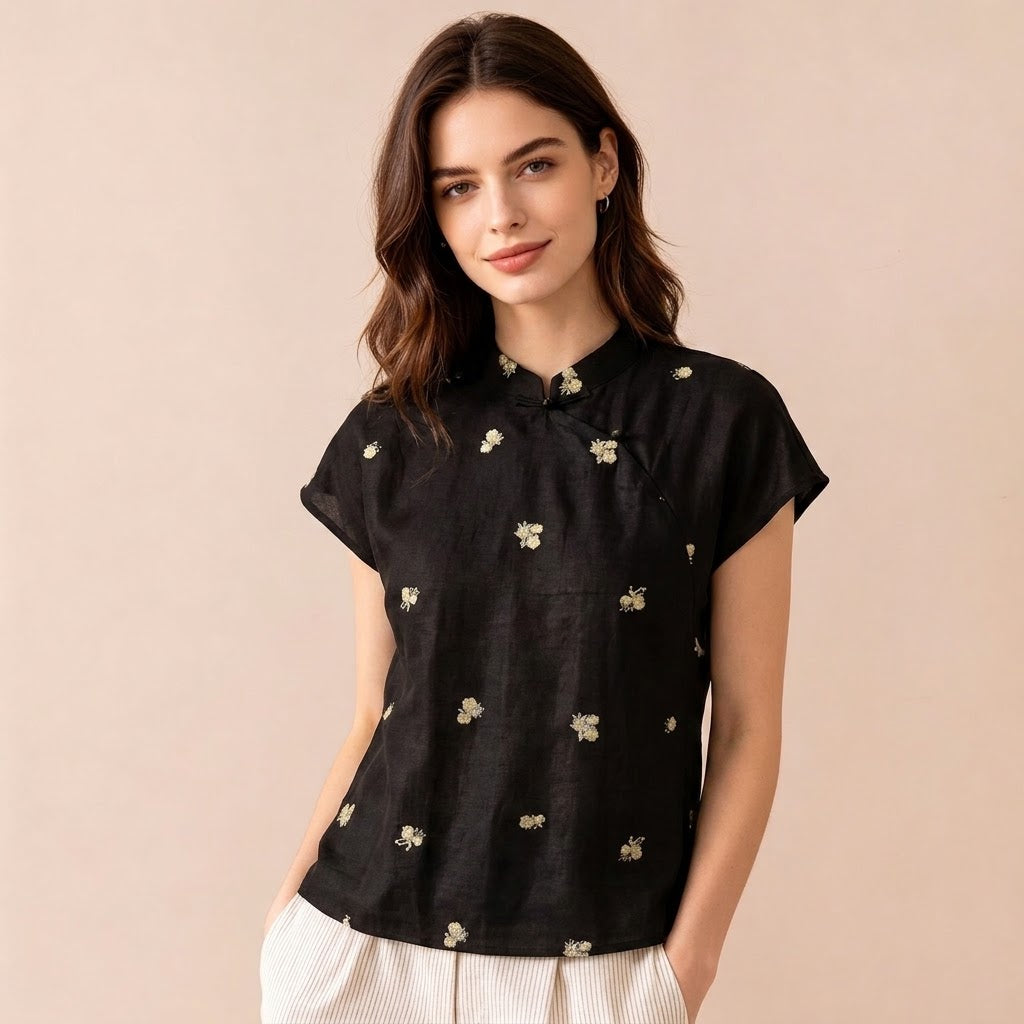 Crack-patterned Xiangyunsha Embroidered Silk Blouse New Chinese-style silk short-sleeve top T High-end women's summer shirts