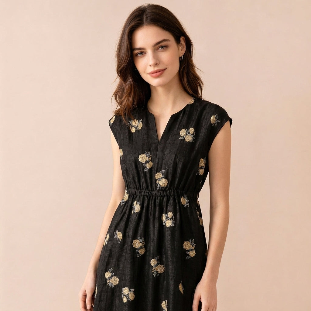 Xiangyunsha Embroidery Silk dress Silk long dress with a high-end feel, little black dress A Word Skirt Women's Summer Clothing