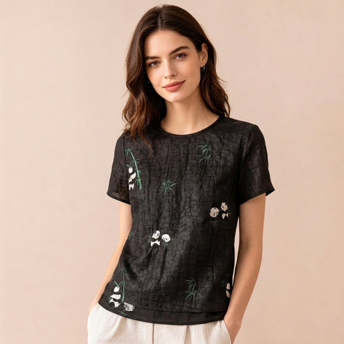 22MM Xiangyunsha/Turtle Pattern Panda Embroidery New Chinese-style silk blouse T Women's mulberry silk shirt Summer New